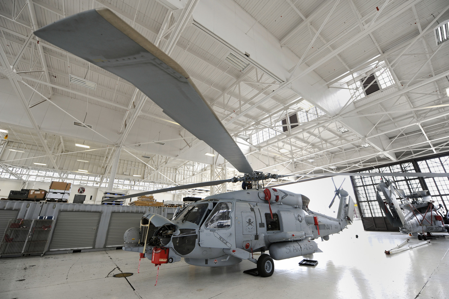 090608-N-0413R-022 
JACKSONVILLE, Fla. (June 8, 2009) A multi-mission MH-60R Sea Hawk helicopter assigned to the Spartans of Helicopter Maritime Strike Squadron (HSM) 70, undergoes maintenance in the hangar bay at Naval Air Station Jacksonville, Fla. (U.S. Navy photo by Mass Communication Specialist 2nd Class Shannon Renfroe/Released)