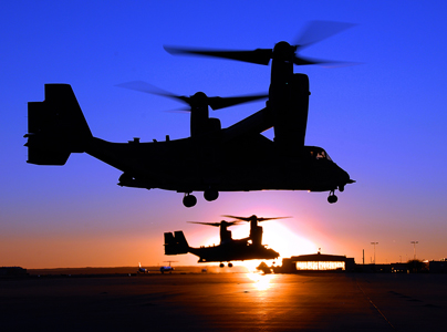 Two CV-22 Osprey aircraft, assigned to the 71st Special Operations Squadron, part of the 58th Special Operations Wing, take off en-route to a night training mission Tuesday here. The units train mission-ready special operations, combat search and rescue and missile site support airlift crews directly supporting Air Expeditionary Forces. The Osprey is the newest addition to the Air Force aircraft inventory and is designed to be used for special operations missions.