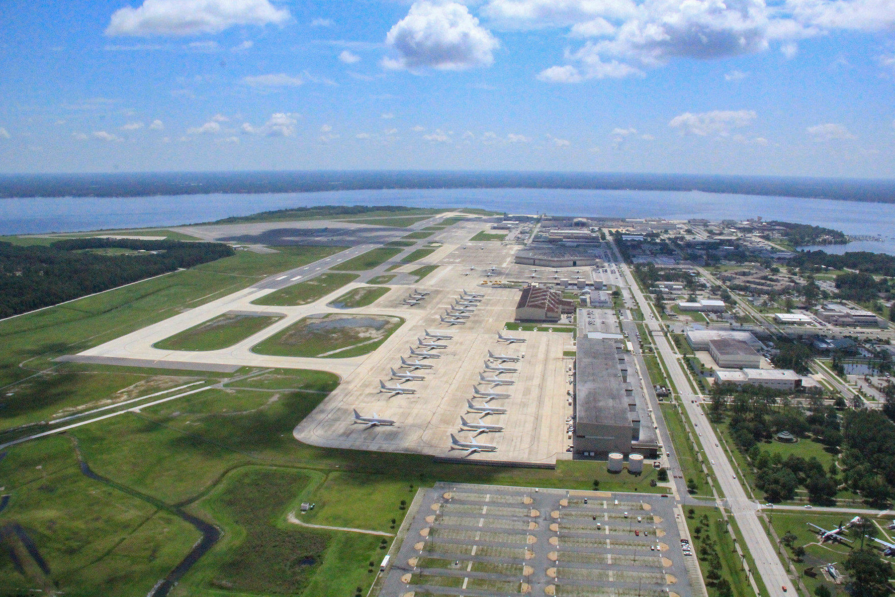 JACKSONVILLE, Fla. (May 20, 2018) An aerial view of Naval Air Station (NAS) Jacksonville. NAS Jacksonville is comprised of 28,000 acres of land which includes the air station, Outlying Field Whitehouse, and the Pinecastle Range Complex. NAS Jacksonville recently received encroachment funds to protect the installation's assets with incompatible development through restrictive easements. (U.S. Navy photo)