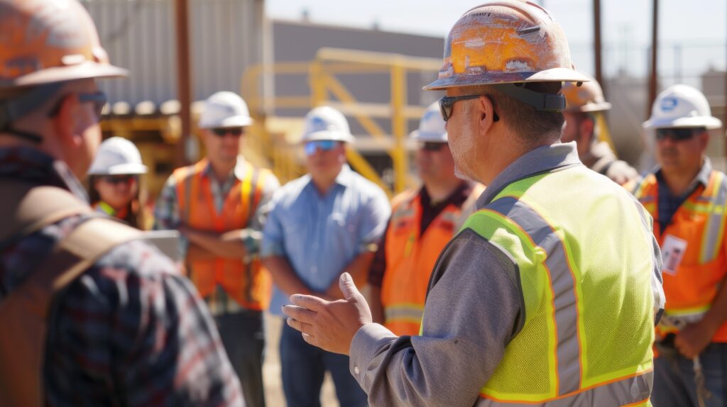 A construction safety officer conducting a training session on-site, with workers gathered around, emphasizing the critical role of safety in construction. The scene captures education, preparation, and the commitment to a safe work environment. Created Using: detailed training session setup, focus on safety education and equipment, construction site background, engaged workers, sense of responsibility and community, clear daylight --ar 16:9 --style raw Job ID: 4aa49cc2-6264-4121-9a91-342472e1ea8a