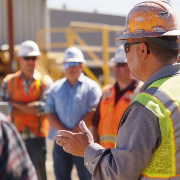 A construction safety officer conducting a training session on-site, with workers gathered around, emphasizing the critical role of safety in construction. The scene captures education, preparation, and the commitment to a safe work environment. Created Using: detailed training session setup, focus on safety education and equipment, construction site background, engaged workers, sense of responsibility and community, clear daylight --ar 16:9 --style raw Job ID: 4aa49cc2-6264-4121-9a91-342472e1ea8a